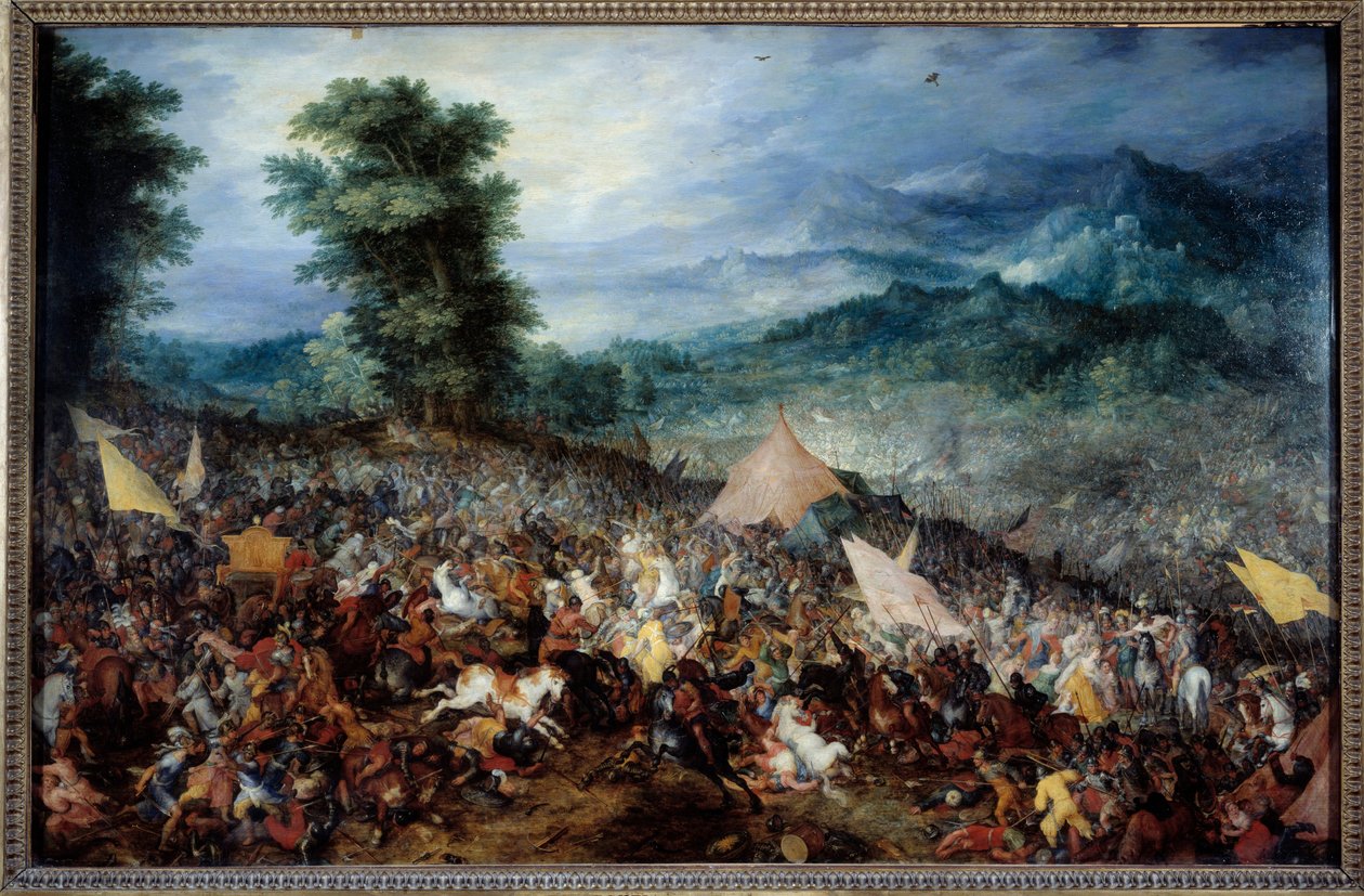 Slaget vid Arbels (eller Issos) Alexander den Store (356-323 f.Kr.) och hans armé under slaget vid Issos, under vilket den makedonske kungen besegrade Darios (Darius) III, den siste kungen av Roueniddynastin, 333 f.Kr. JC. Målning av Jan Breugel Le Vieux c av Jan the Elder Brueghel