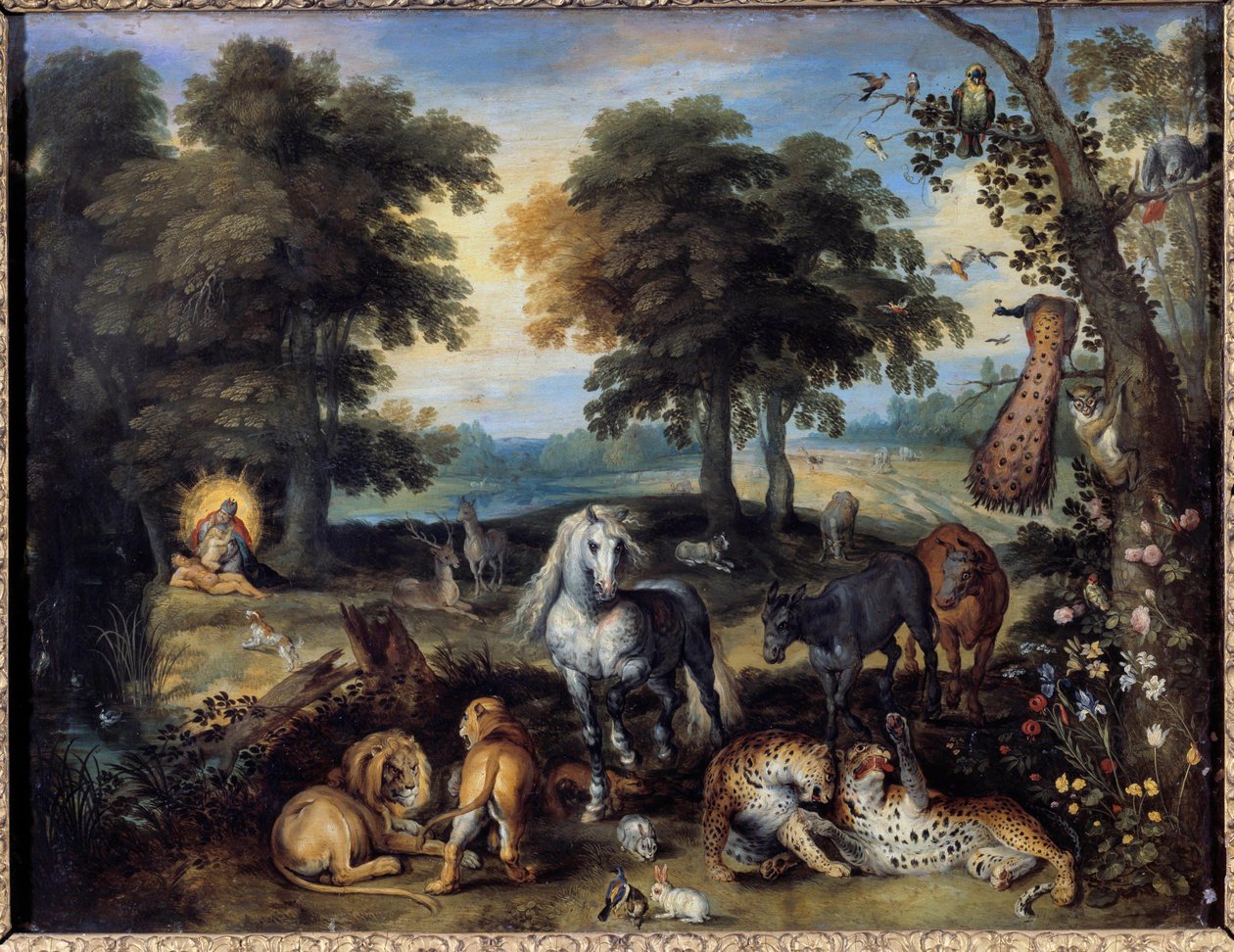 Jordens paradis Olika djur som bor i Edens lustgård, längst ner till vänster skapar Gud Eva från en sida av Adam. Målning av Jan Bruegel (eller Breugel eller Brueghel eller Breughel) den tidigare känd som Bruegel de Velours (1568-1625) 1600-talet av Jan the Elder Brueghel
