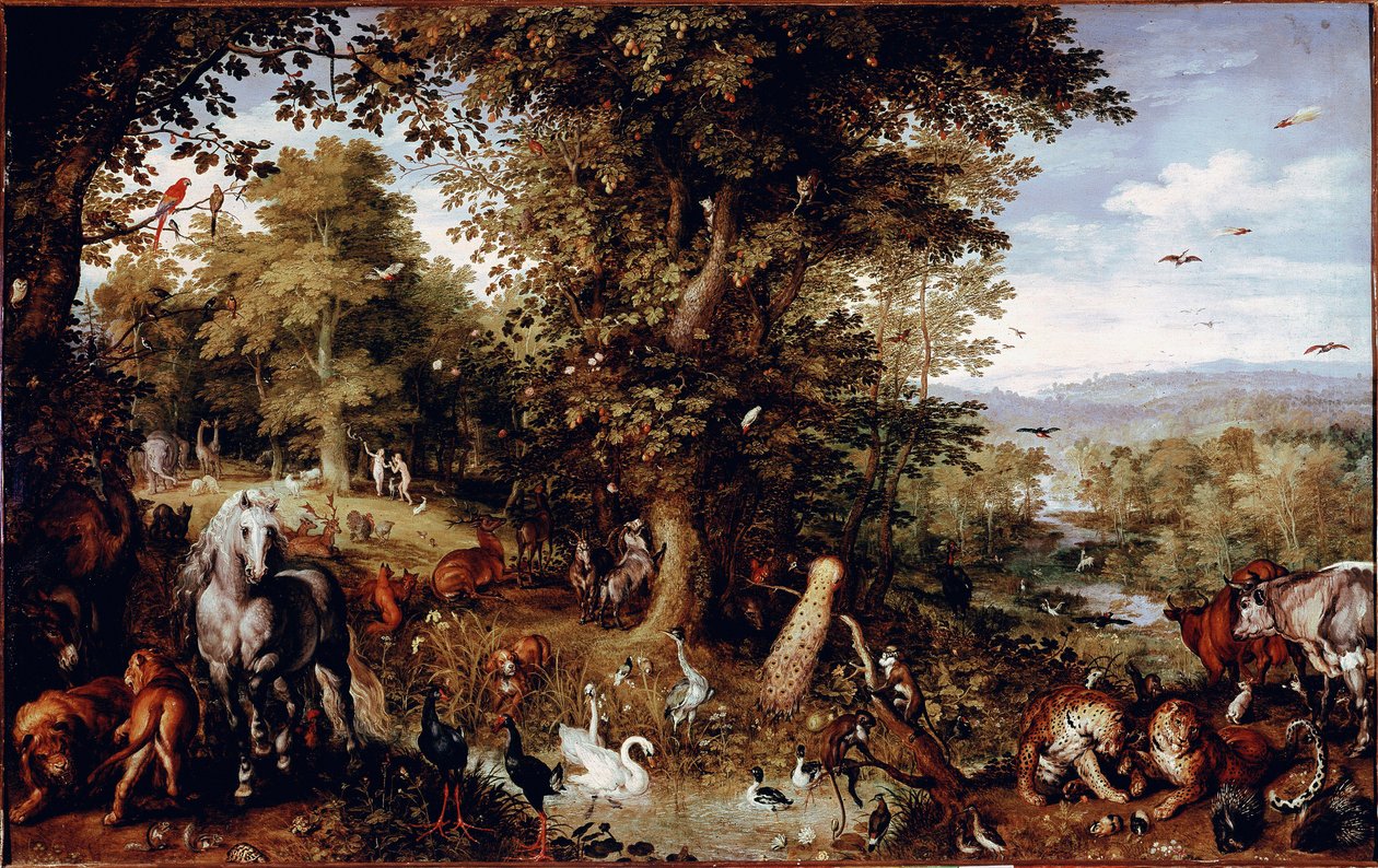 Det eviga paradiset Alla skapelsens djur representerade i par. Målning av Jan Bruegel (eller Breugel eller Brueghel eller Breughel) den tidigare känd som Bruegel de Velours (1568-1625) Rom Galleria Doria Pamphilj av Jan the Elder Brueghel