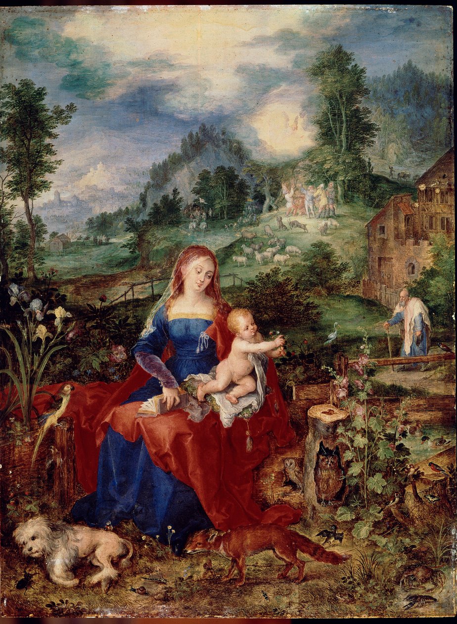 Den heliga familjen med jungfrudjur som bläddrar i en bok och håller barnet Jesus, omgiven av en hund, räv, fåglar, krabba, uggla, papegoja; groda, snigel och iris. Målning av Jan Breugel den äldre kallar Bruegel de Velours (Brueghel eller Breughel av Jan the Elder Brueghel