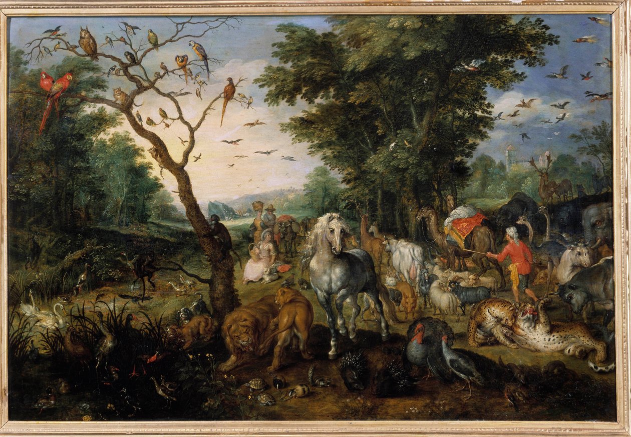 Bordandet av djur i arken Noe Målning av Jan Bruegel (eller Breugel eller Brueghel eller Breughel) den tidigare känd som Bruegel de Velours (1568-1625) 1600-talets Orleans, Musee des Beaux Arts - Djurens inträde i Noaks ark Målning av Jan av Jan the Elder Brueghel
