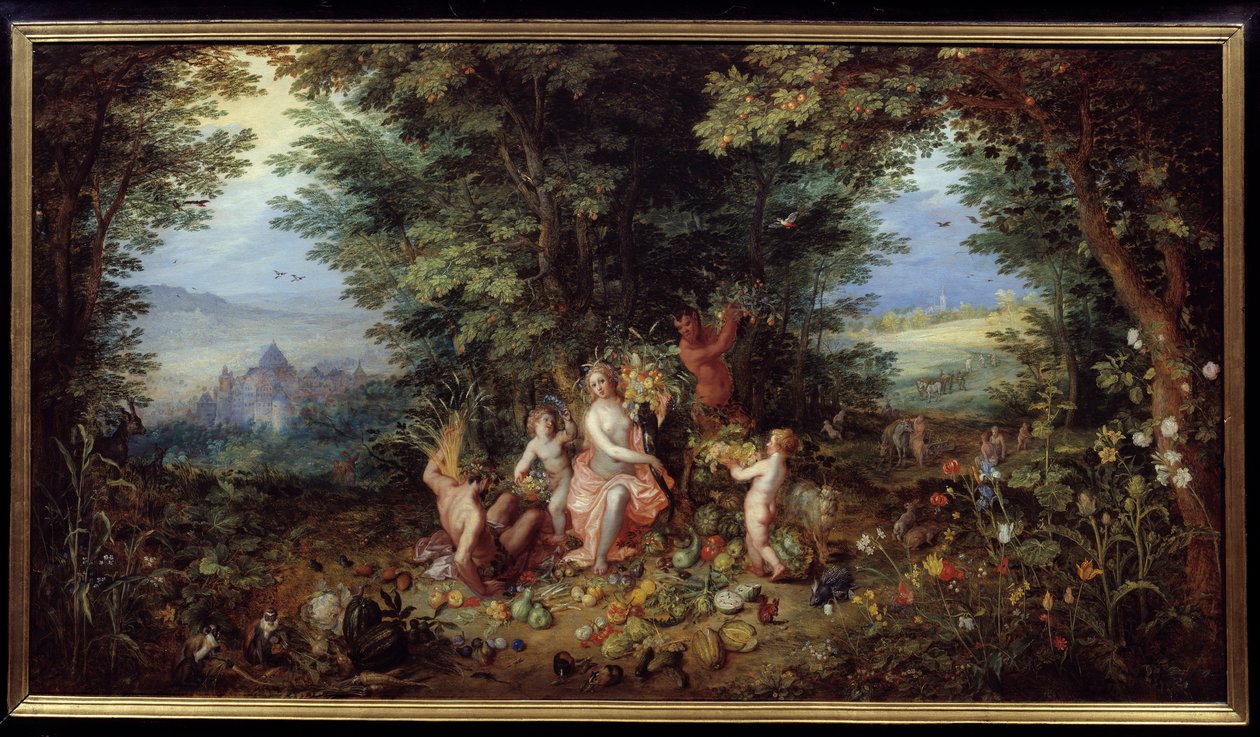 De fyra elementen: "Jorden"" Allegori. Utsikt över jordens paradis. Målning av Jan Brueghel Le Vieux kallar Brueghel de Velours (Brueghel eller Brueghel av Jan the Elder Brueghel