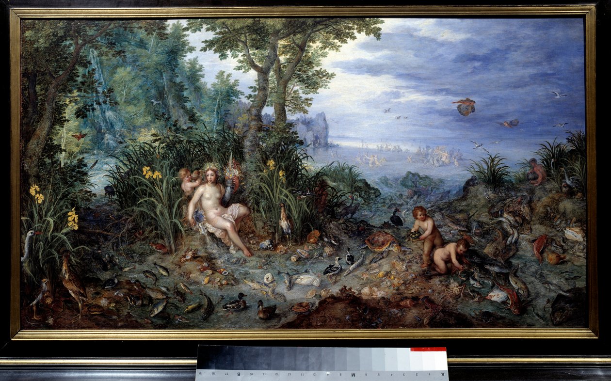 De fyra elementen: "Vatten" Allegori. Ung kvinna med ankor, fisk. Målning av Jan Brueghel Le Vieux kallar Brueghel de Velours (Brueghel eller Brueghel av Jan the Elder Brueghel