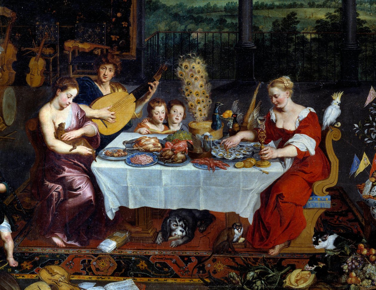 Smaken. Detalj som representerar en måltid av skaldjur, fjäderfä i närvaro av musiker. Målning av Jan Brueghel Le Vieux kallar Brueghel de Velours (Brueghel eller Brueghel av Jan the Elder Brueghel