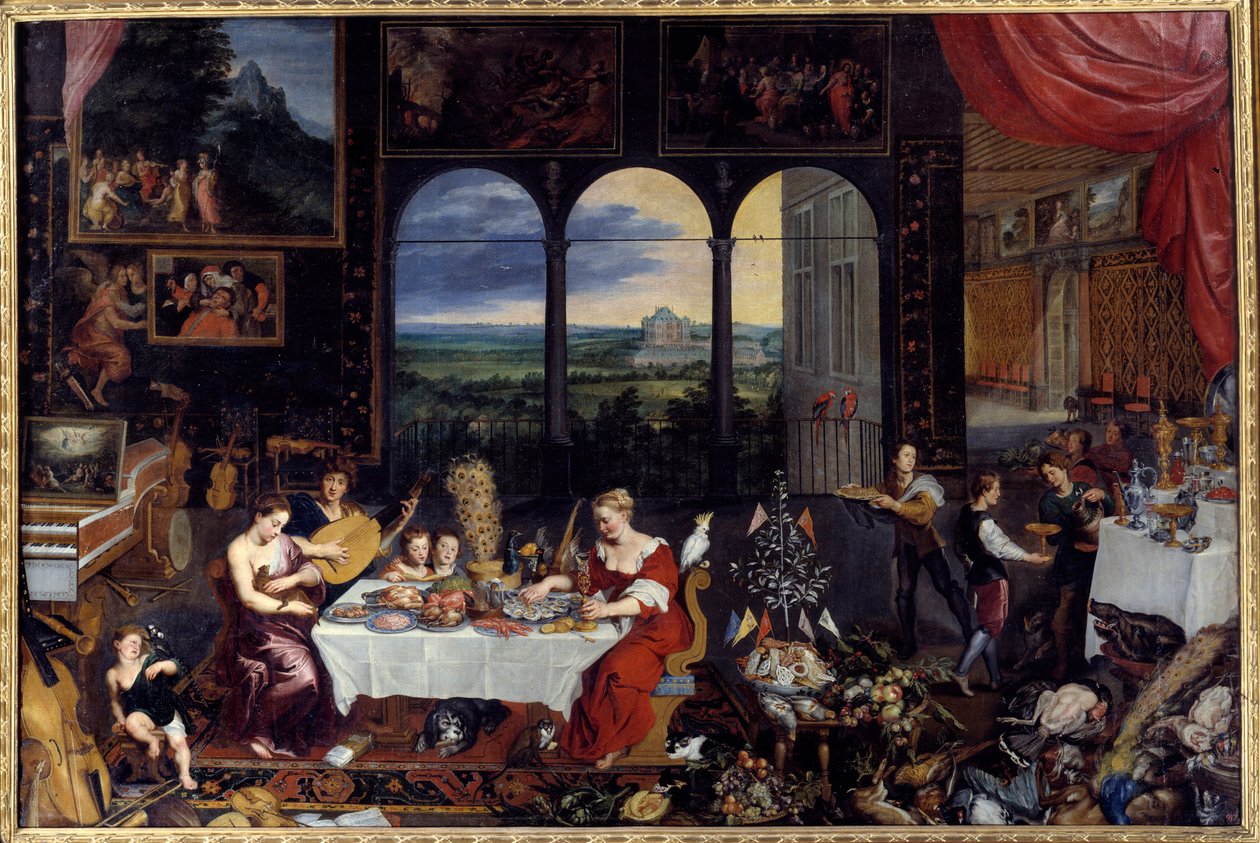 Smaken, hörseln och beröringen. Allegori om de fem sinnena En rik familjs måltid: fågel och skaldjur (inklusive ostron) utgör bankettmenyn. Målning av Jan I Brueghel Dit De Velours (1568-1625) Ec. Flam av Jan the Elder Brueghel
