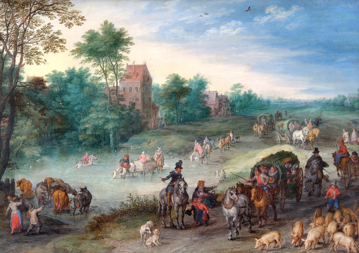 Resenärer på landsväg, med boskap och grisar av Jan the Elder Brueghel
