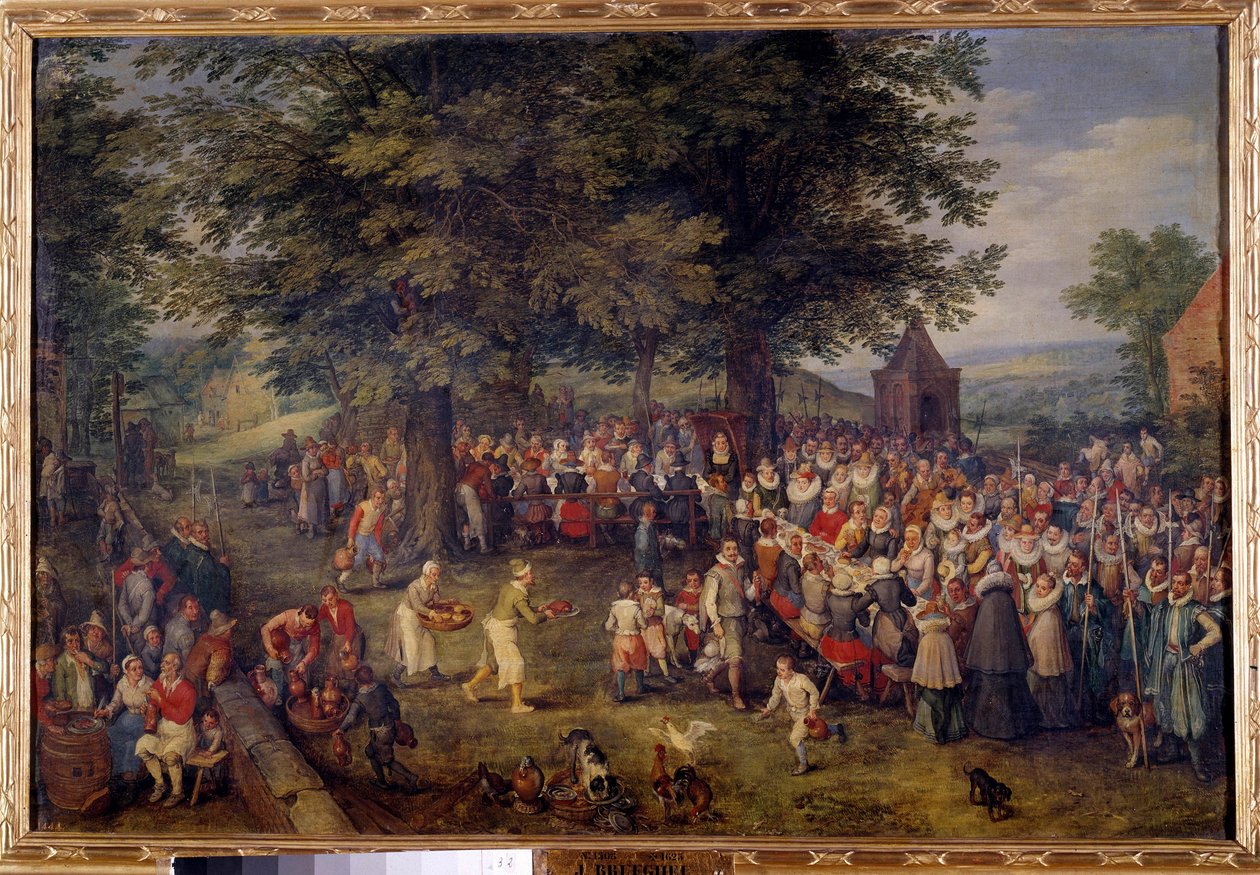 Bröllopsbankett Scen bröllopsmiddag i en by. Målning av Jan Brueghel (eller Bruegel eller Brueghel eller Brueghel) den tidigare känd som Bruegel de Velours (1568-1625) 1600-talets Madrid, Musee du Prado av Jan the Elder Brueghel