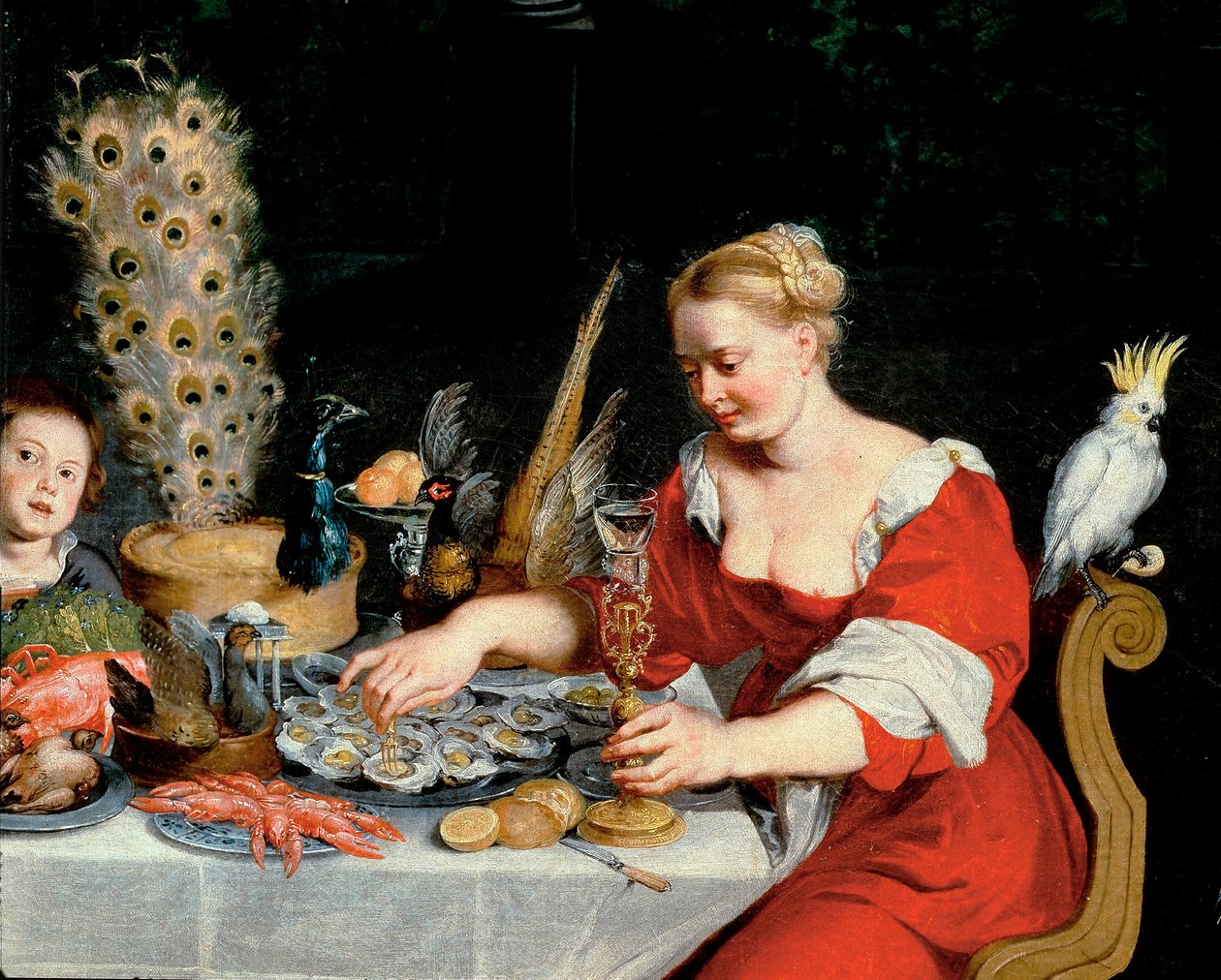 Kvinna som äter ostron, detalj från Allegory of Four Elements av Jan the Elder Brueghel