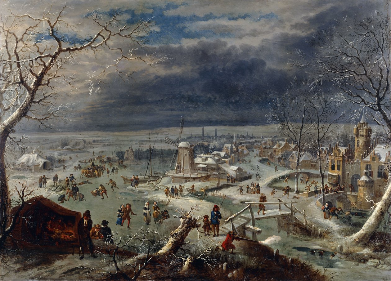 Ett vinterlandskap med skridskoåkare på en frusen vattenväg vid en by, en jägare i förgrunden, Antwerpen bortom, av Jan the Elder Griffier