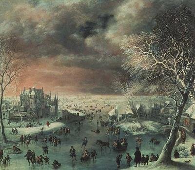 Ett vinterlandskap med figurer på isen av Jan the Elder Griffier