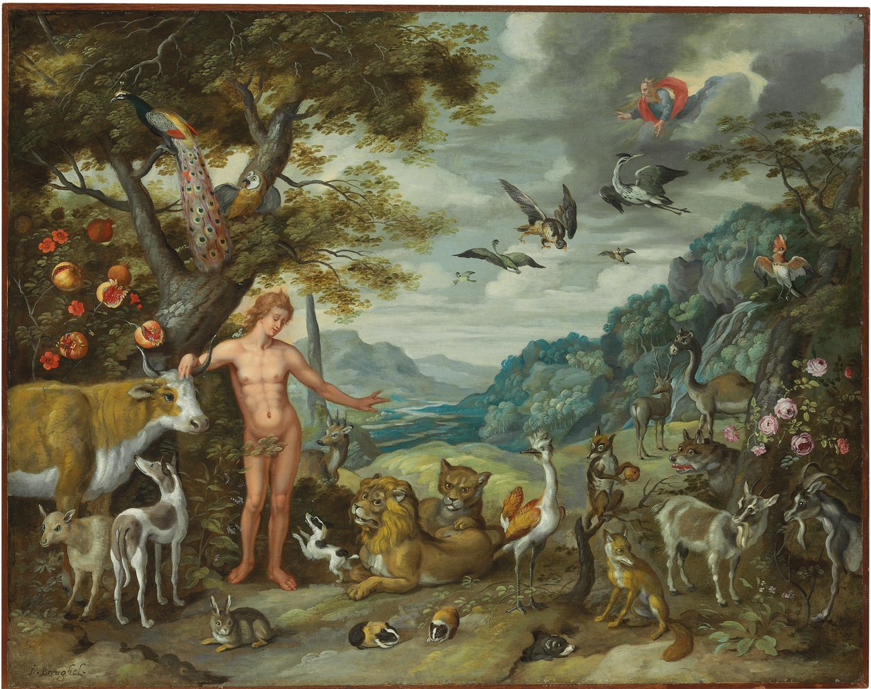 Adam som namnger djuren, från historien om Adam och Eva av Jan Brueghel the Younger