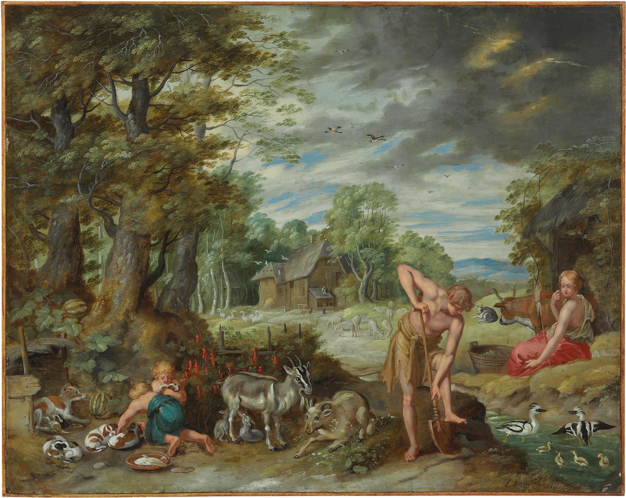 Adam på jobbet på ett fält, från Berättelsen om Adam och Eva av Jan Brueghel the Younger