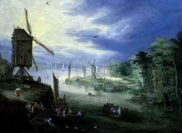 Flodlandskap med väderkvarnar (olja på panel) av Jan the Younger Brueghel