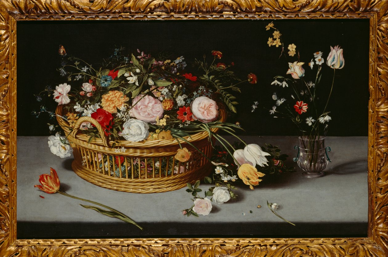 Stilleben med korg och vas med blommor (olja på duk) av Jan the Younger Brueghel