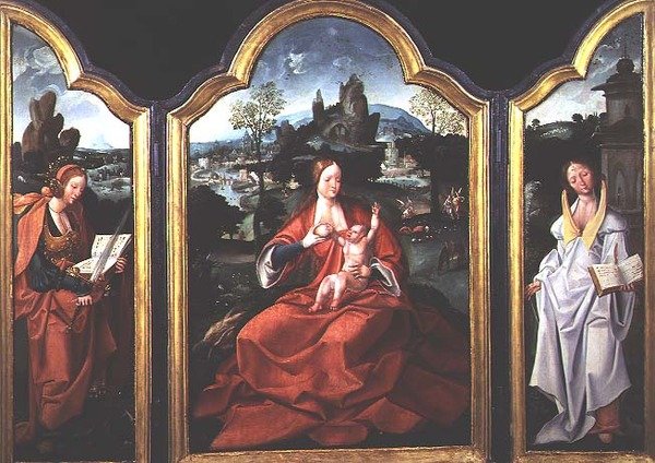 Vilan på flykten till Egypten med St. Catherine av Alexandria och St. Barbara av Jan van (and workshop) Doornik