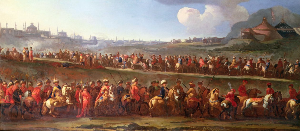 En turkisk karavan utanför Konstantinopel (olja på duk) av Jan van (attr. to) Huchtenburgh