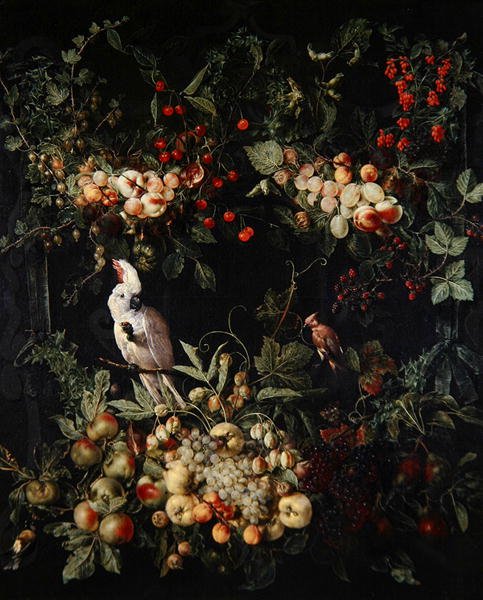 Fruktbitar med blommor runt en kartusch med en svavelkakadua (olja på duk) av Jan van (attr. to) Kessel