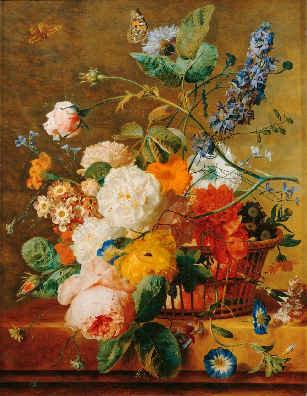 Blomsterkorg med piedestal mot parkbakgrund - En korg ... av Jan van (follower of) Huysum