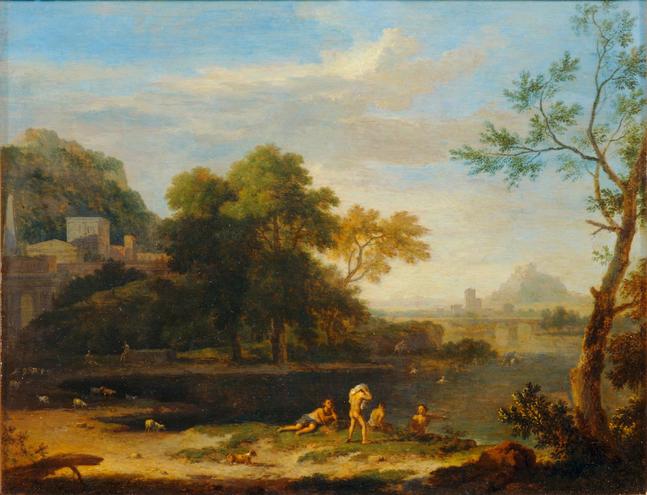 Paysage avec baigneurs - Landskap med badande ... av Jan van (follower of) Huysum