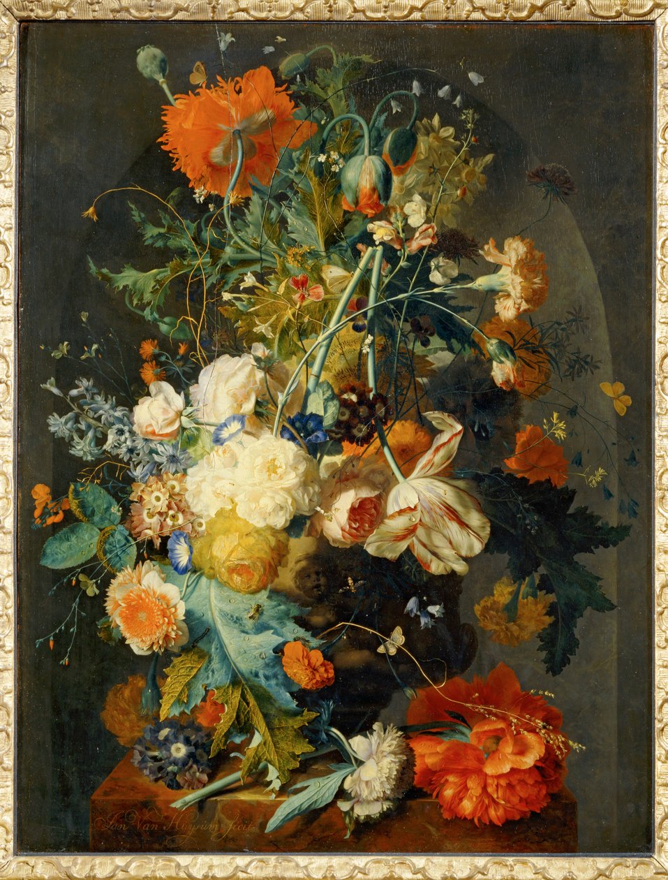 Vas med blommor i en nisch ... av Jan van (follower of) Huysum