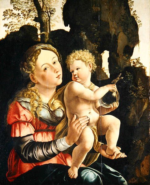 Madonna och barn (olja på panel) av Jan van (studio of) Scorel