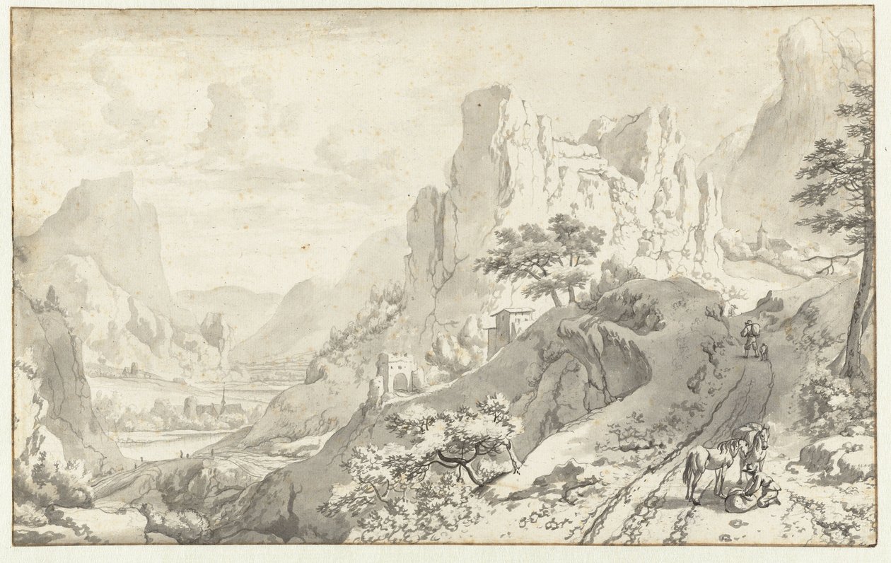 Bergslandskap med nedstigen ryttare av Jan van Aken