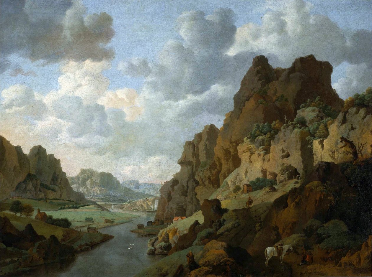 Holländska: Bergslandskap med vilande resenärer Klippigt landskap. av Jan van Aken