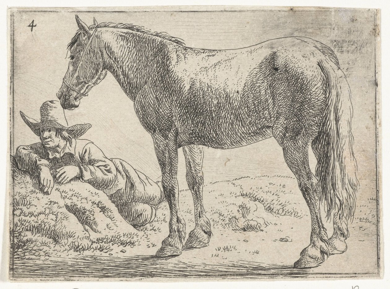 Stående häst med vilande ryttare Landskap med hästar (serietitel) av Jan van Aken
