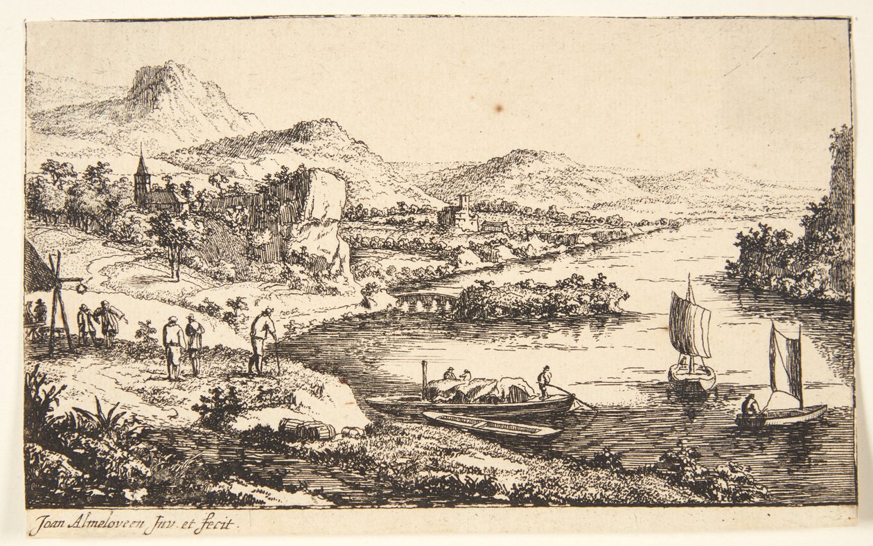 Älvlandskap med vägfarare, t.h. en pråm och två jollar för segel av Jan van Almeloveen