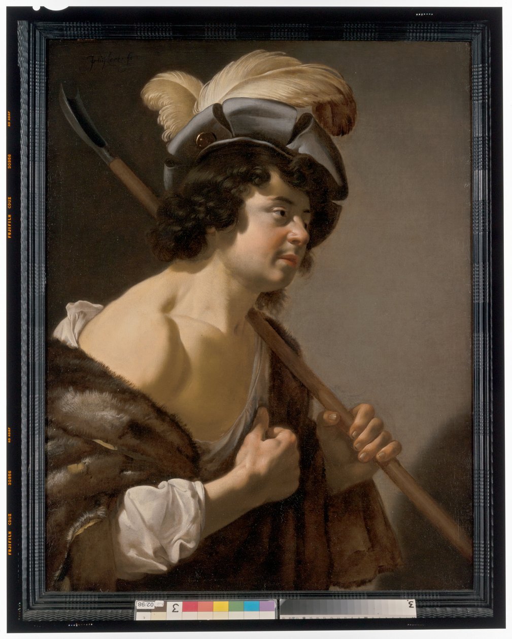 En herde, halvlängd i profil, iklädd en elegant fjädermössa av Jan van Bijlert or Bylert