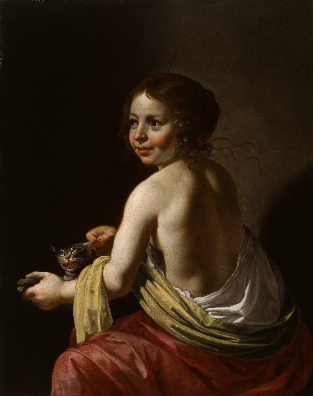 Flicka som retar en katt, ca 1630 (olja på panel) av Jan van Bijlert or Bylert
