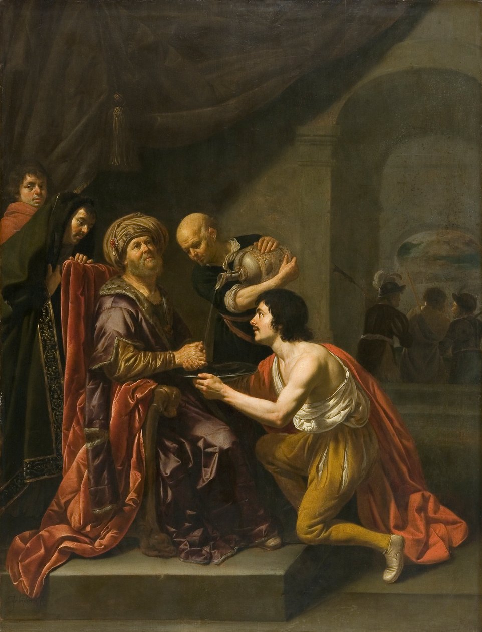 Pilatus tvättar sina händer (olja på pannå) av Jan van Bijlert or Bylert