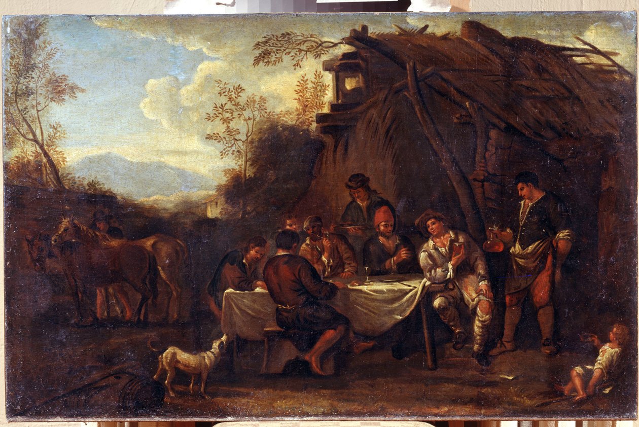 The Merry Meeting (Merrymeeting). Målning av Jan Miel (1599-1664). Konst i flamländsk barockstil. Olja på duk. Regionala I. Kramskoi konstmuseum, Voronezh (Voronezh, Ryssland). av Jan van Bike Miel
