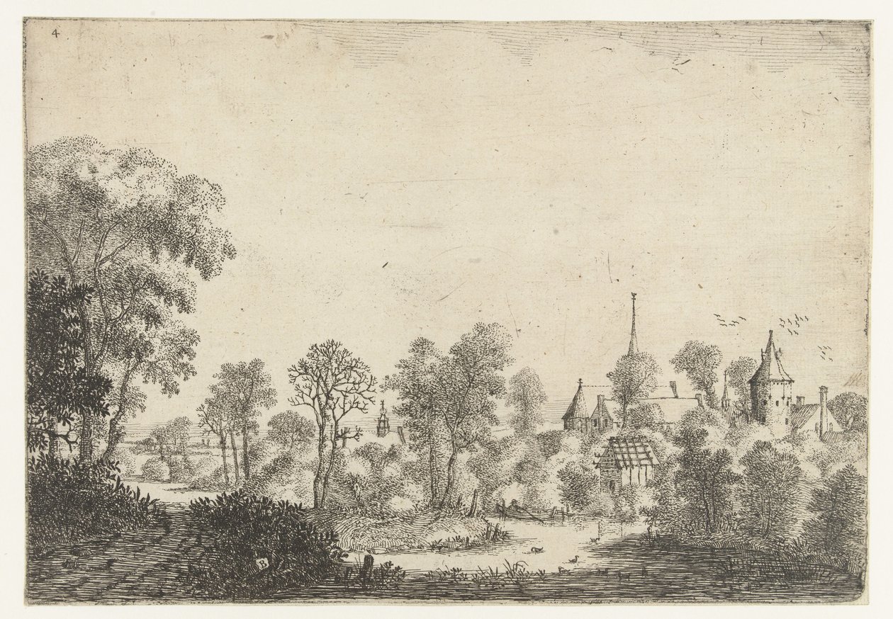 Landskap med utsikt över byn och man i båt Landskap (serietitel) av Jan van Brosterhuyzen