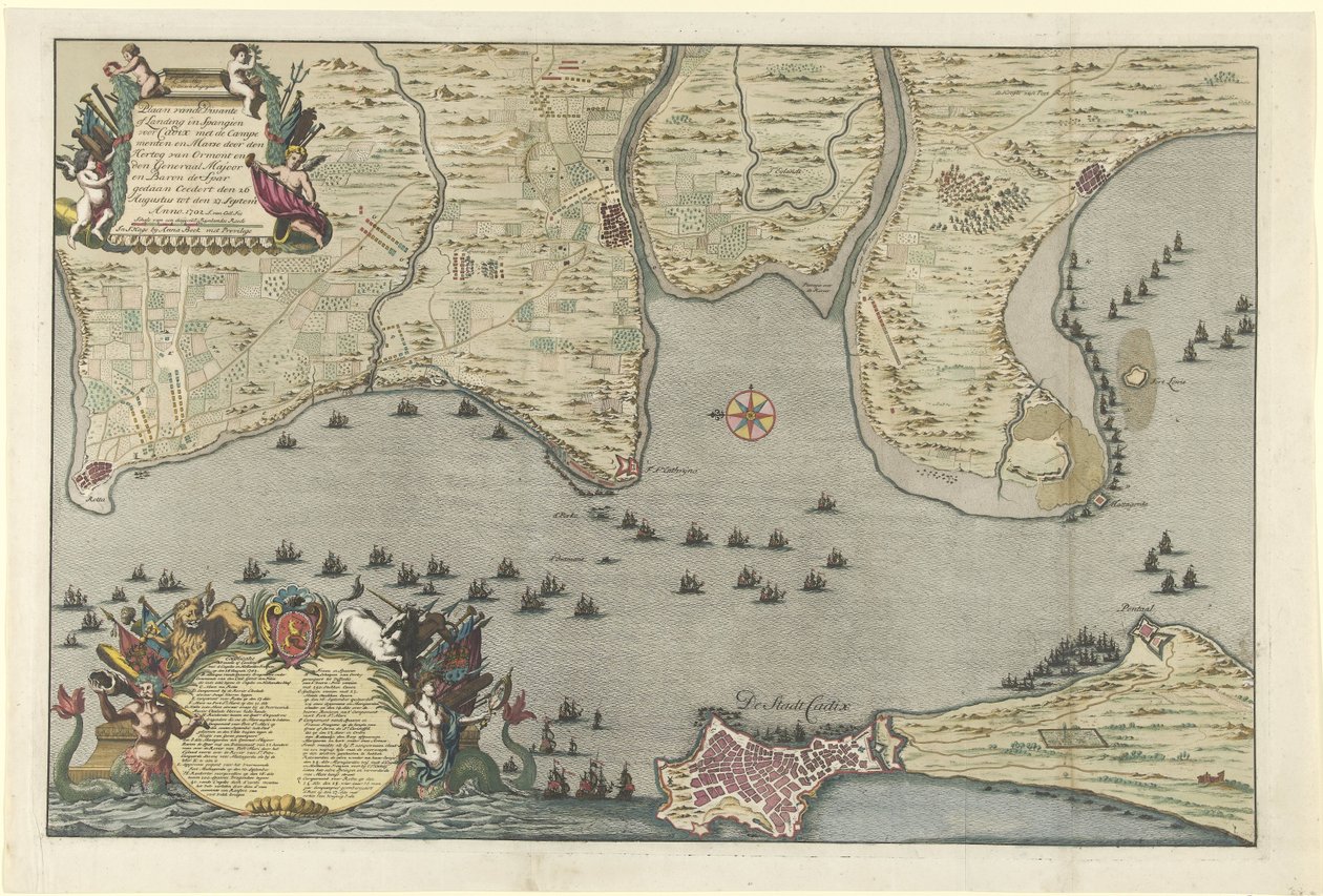 Karta över den allierade landningen och expeditionen i Cadiz, 1702 Plan av Dissante för landstigning i Spangien för Cadix med Campements och Marse utförd av hertigen av Ormont och generalen Majoor och Baron de Spar Ceedert den 26 augusti till av Jan van Call (I)