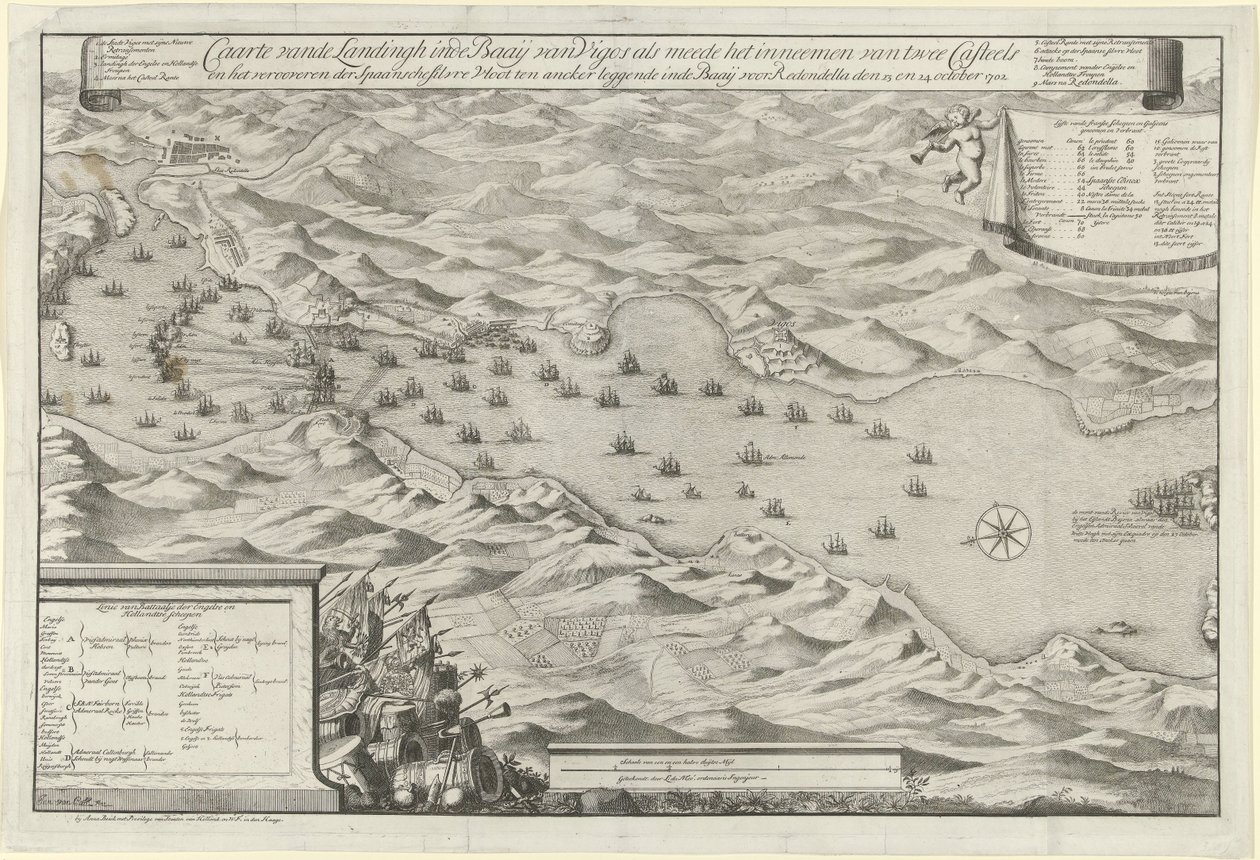 Sjöstrid i Vigo Bay och fångsten av den spanska silverflottan, 1702 Carte vande Landingh i Vigosbukten som en del av intagandet av två Casteels och fångsten av den spanska silvreflottan som ankrades i bukten för Redondella den av Jan van Call (I)