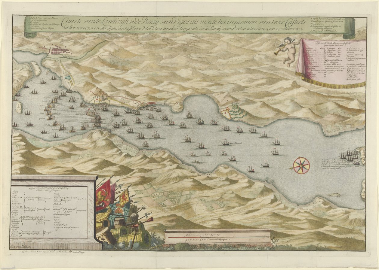Sjöstrid i Vigo Bay och fångsten av den spanska silverflottan, 1702 Carte vande Landingh i Vigosbukten som en del av intagandet av två Casteels och fångsten av den spanska silvreflottan som ankrades i bukten för Redondella den av Jan van Call (I)