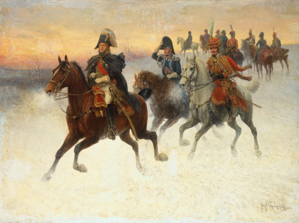 Marskalk Ney och Napoleon och deras trupper under den ryska kampanjen (olja på duk) av Jan van Chelminski