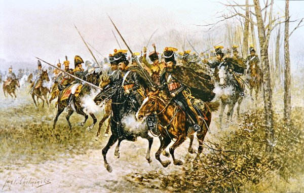 Napoleon och hans personal överraskade av kosacker (akvarell på papper) av Jan van Chelminski