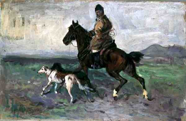Ryttare med vinthundar, ca 1890 (olja ombord) av Jan van Chelminski