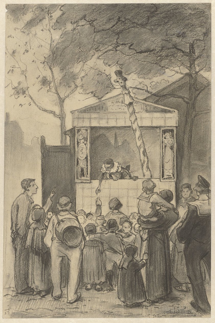 Åskådare framför en dockteater av Jan van Essen (possibly)