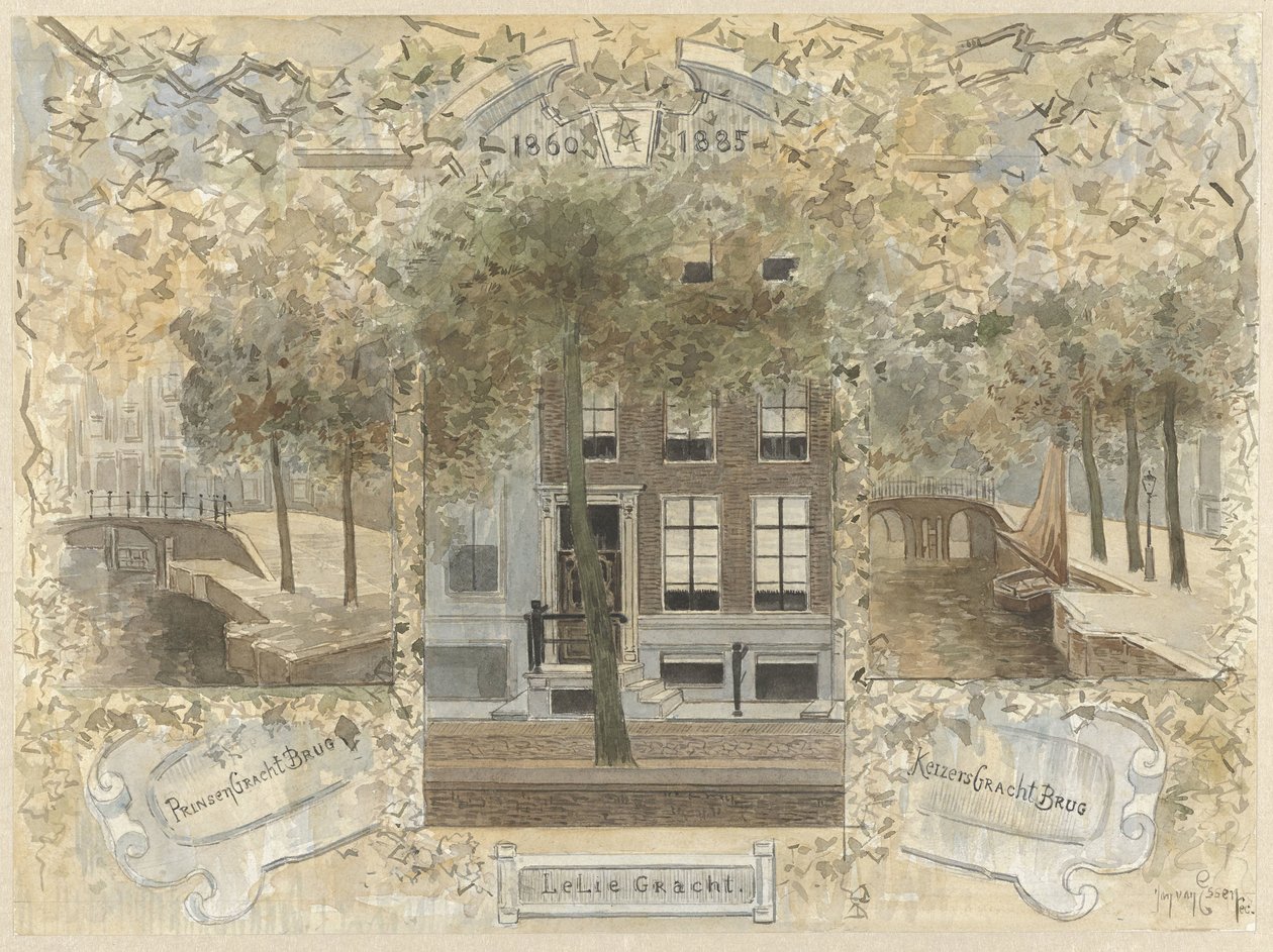 Hus på Leliegracht, flankerat av broarna över Prinsengracht och Keizersgracht av Jan van Essen