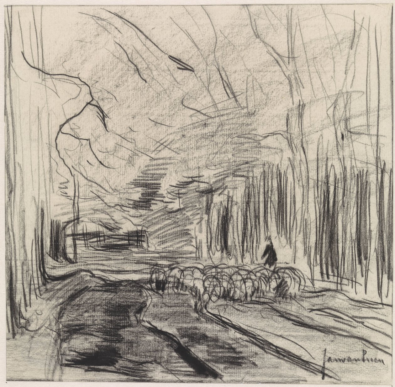 Flock får i en skog av Jan van Essen