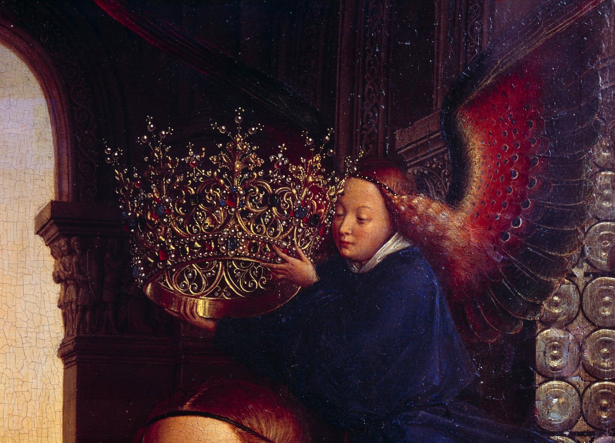 En ängel som kröner Jungfrun. Detalj av "" Jungfrun av kansler Rolin""" Nicolas Rolin (1376-1461) var kansler i Bourgogne under Philippe Le Bon och grundare av Hospices de Beaune 1443. Målning av Jan van Eyck (1390-1441) av Jan van Eyck