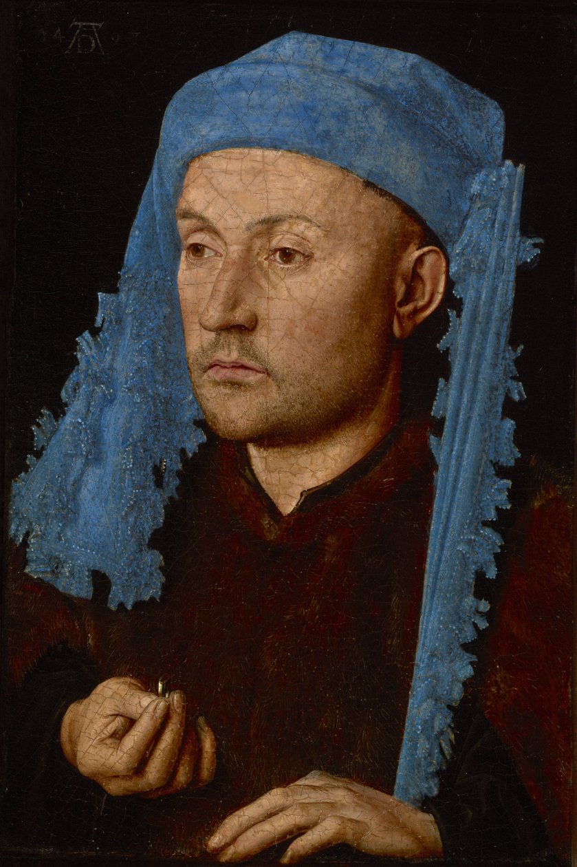 Nederländska: Portret van onbekende een man met blauwe kaproen Man i blå mössa / Man med ring / Porträtt av en okänd man med blå mössa av Jan van Eyck