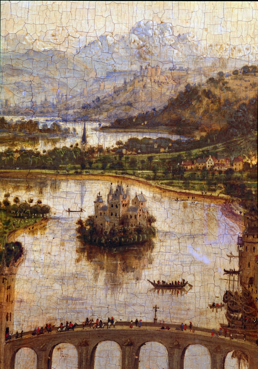 Landskap”” Detalj av “” Jungfrun av kansler Rolin””” Nicolas Rolin (1376-1461) var kansler i Bourgogne under Philippe Le Bon och grundare av Hospices de Beaune 1443. Målning av Jan van Eyck (1390-1441) av Jan van Eyck
