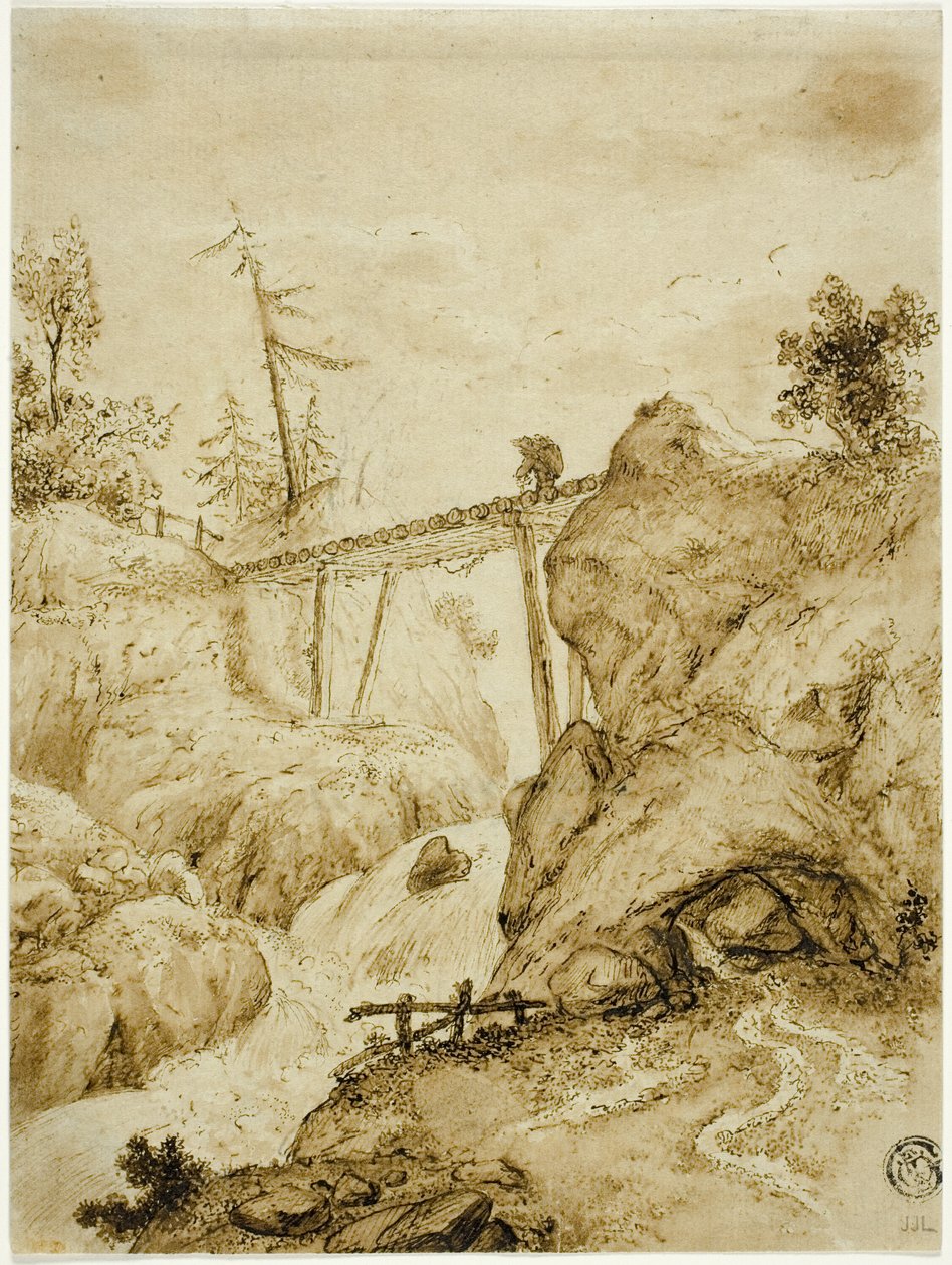 Man som korsar stockbron över torrent av Jan van Eyck