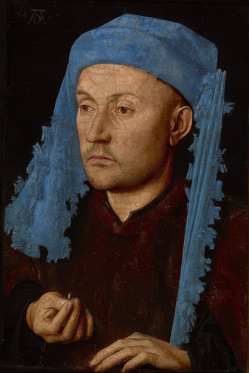 Porträtt av en man med en blå chaperone (man med ringen). Omkring 1429 av Jan van Eyck