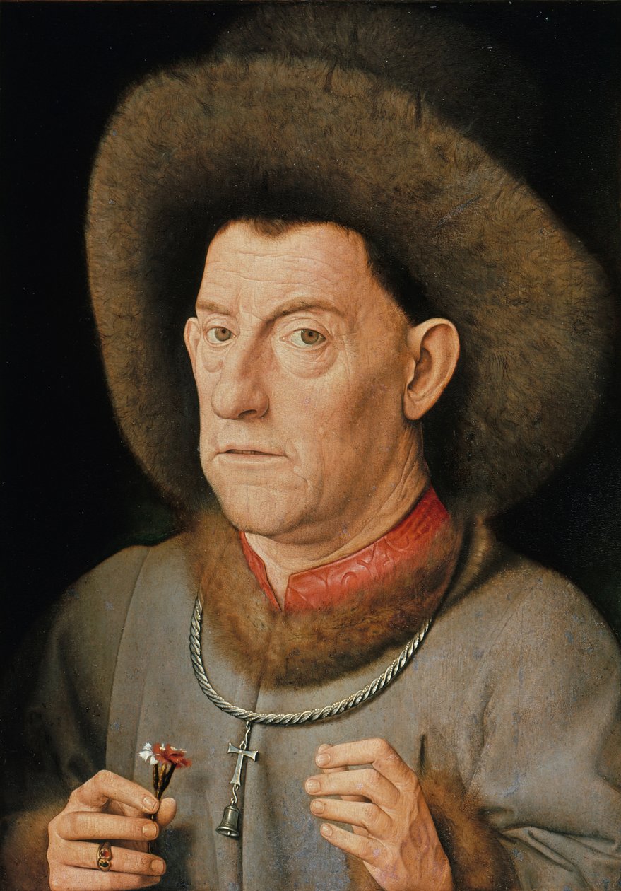 Porträtt av en man med nejlika och Sankt Antonius orden (olja på ek) av Jan van Eyck