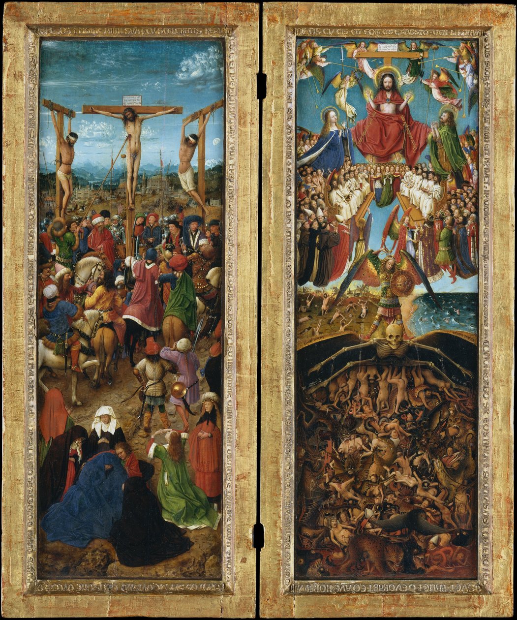 Korsfästelsen; The Last Judgment, c.1440-41 (olja på duk överförd från trä) av Jan van Eyck
